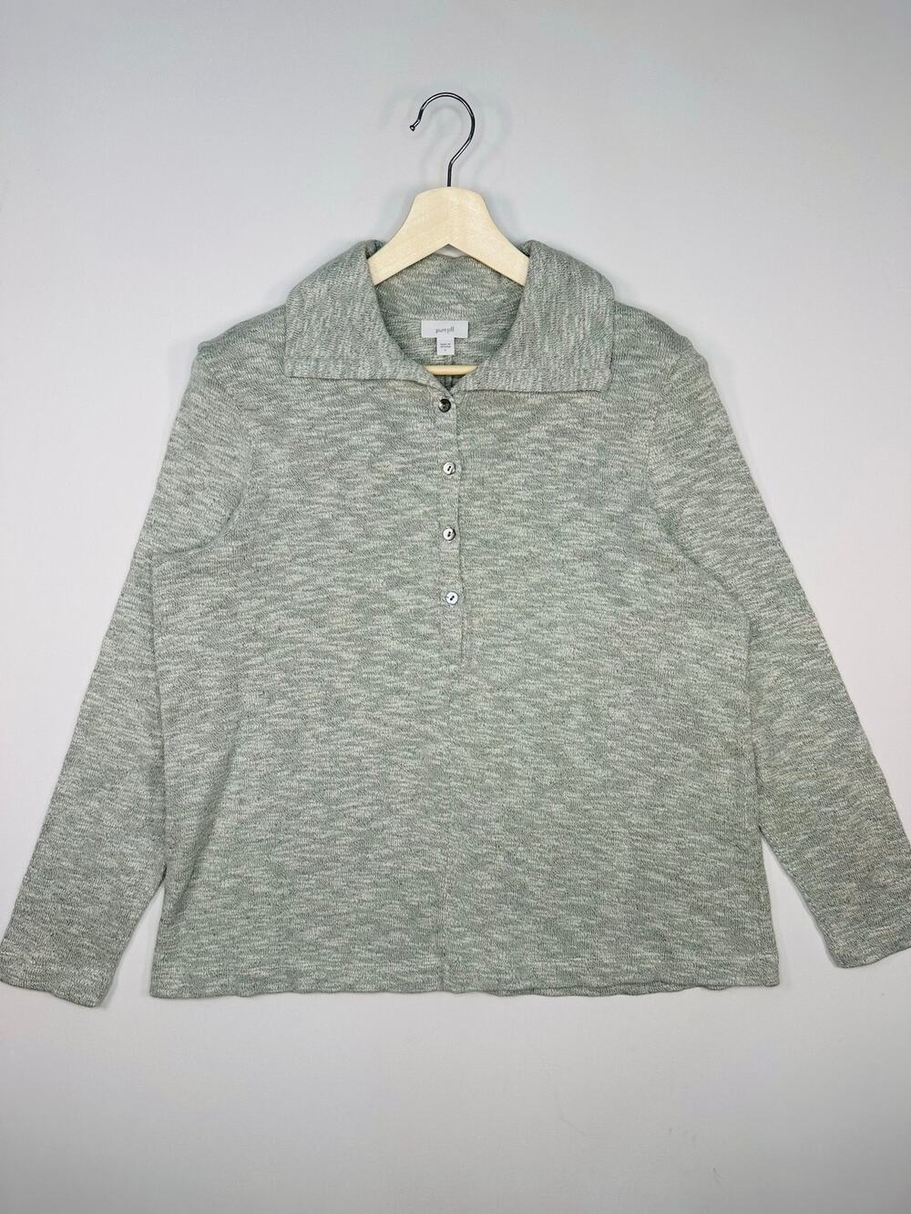 Pure Jill by J. Jill Cotton Quarter Button Pullover Sweater in Mint Green Size L